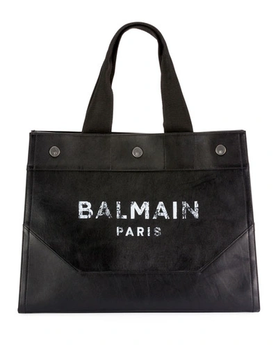 Balmain Men's Soft Leather Logo Tote Bag In Black