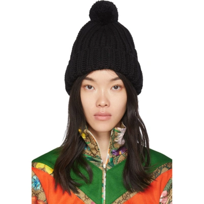 Gucci Pompom-embellished Ribbed Wool Beanie In Black