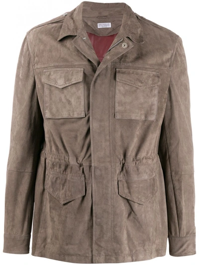 Brunello Cucinelli Leather Jacket In Grey