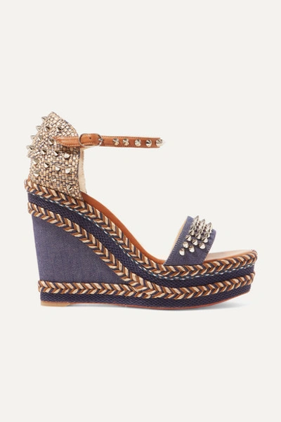 Christian Louboutin Madmonica 110 Spiked Denim And Leather Espadrille Wedge Sandals In Mid Denim