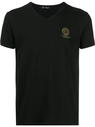 Versace Medusa-print V-neck Cotton-blend T-shirt In Black