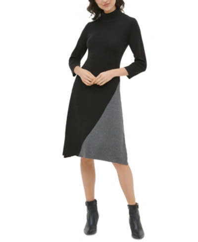 Calvin Klein Mock Neck Color-block Sweater Dress In Black/heather Charcoal