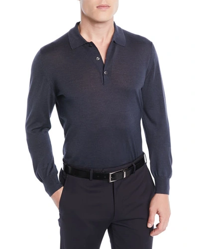 Brioni Men's Wool/cashmere-blend Long-sleeve Polo Shirt In Navy