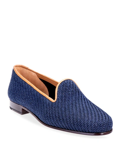 Stubbs And Wootton Sisal & Leather Smoking Slipper Loafers In Navy