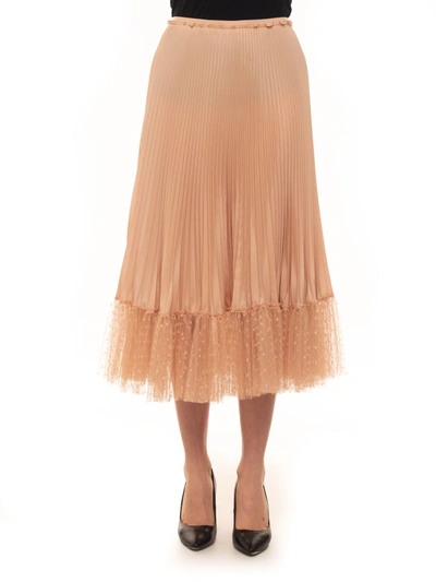 Red Valentino Pleated Point D'esprit Tulle-trimmed Satin Midi Skirt In Pink