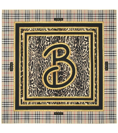 Burberry Leopard Print & Check Silk Scarf In Brown