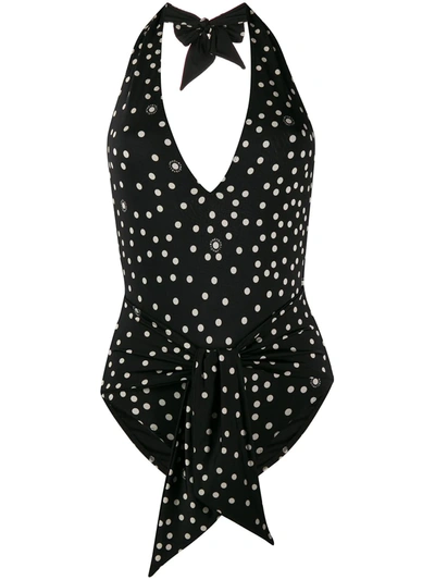 Stella Mccartney Tie-front Polka-dot Halterneck Swimsuit In Black