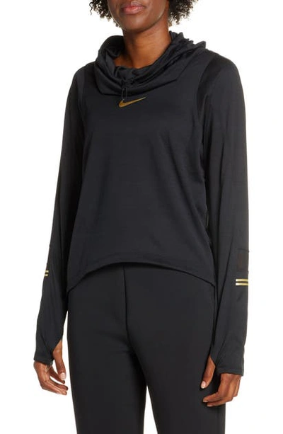 Nike Women's Metallic Logo Funnel-neck Training Top In Black/ Metallic Gold