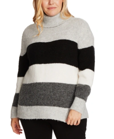 Vince Camuto Plus Size Striped Turtleneck Sweater In Rich Black
