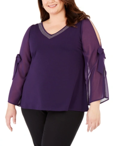 Belldini Plus Size Embellished Chiffon-sleeve Top In Aubergine