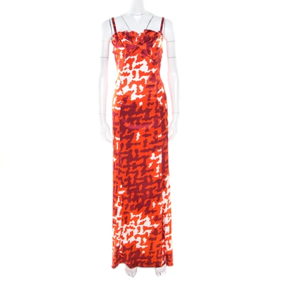 Pre-owned Just Cavalli Orange Abstract Printed Pleated Bodice Detail Sleeveless Maxi Dress L