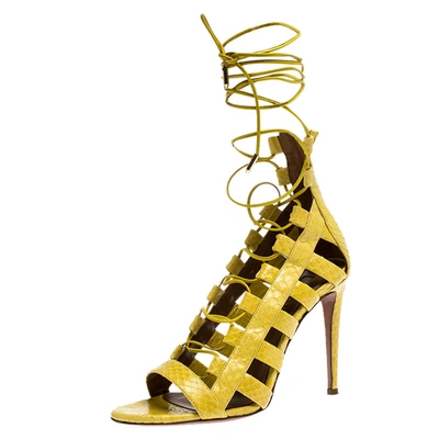 Pre-owned Aquazzura Yellow Python Leather Amazon Lace Up Open Toe Sandals Size 38