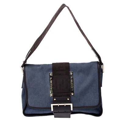 Pre-owned Fendi Blue Canvas And Leather Borsa Tape Shoulder Bag