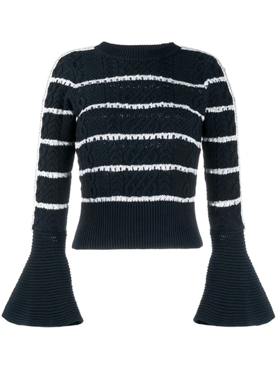 Self-portrait Embellished Striped Cable-knit Cotton-blend Sweater In Blue