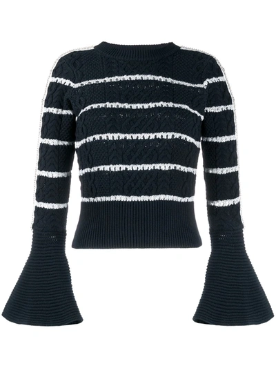 Self-portrait Embellished Striped Cable-knit Cotton-blend Jumper In Blue