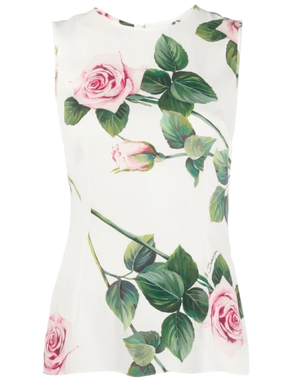 Dolce & Gabbana Sleeveless Tropical Rose Print Charmeuse Top In Pink