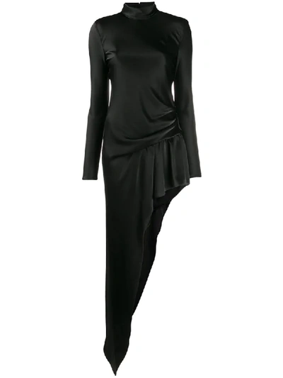 Alexander Wang Asymmetric Gathered Satin Turtleneck Mini Dress In Black