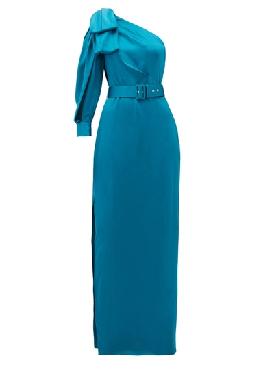 Peter Pilotto One-sleeve Bow-detailed Belted Satin Gown In Blue