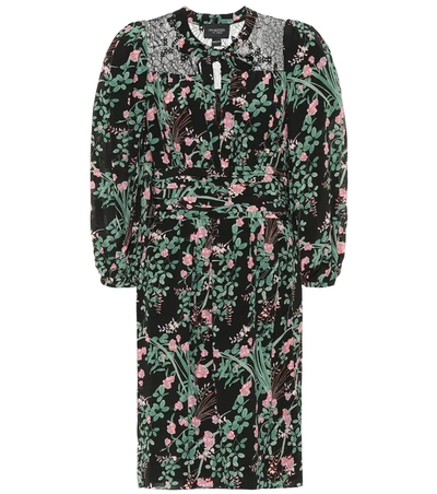 Giambattista Valli Pussy-bow Lace-trimmed Floral-print Silk Crepe De Chine Mini Dress In Black