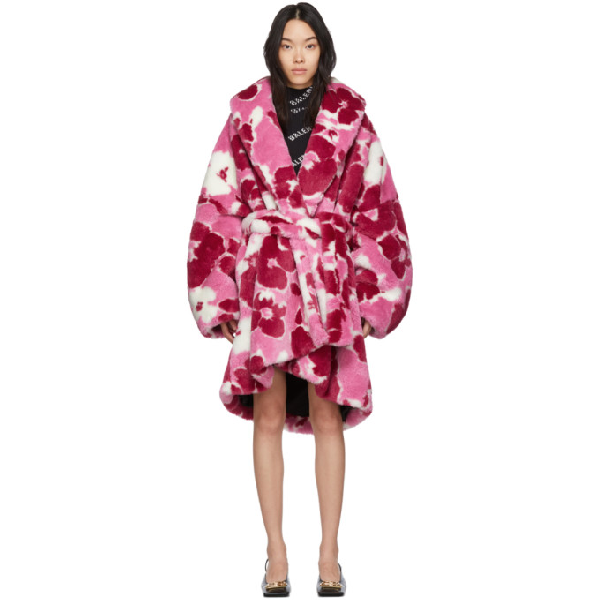 Balenciaga Belted Floral-print Faux Fur Coat In Pink | ModeSens