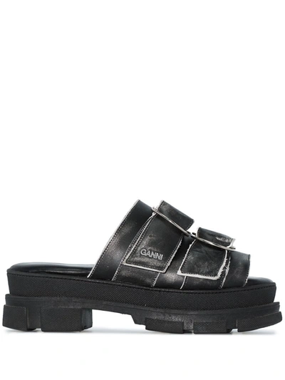 Ganni Sporty Logo-embossed Distressed Buckled Leather Sandals In Black