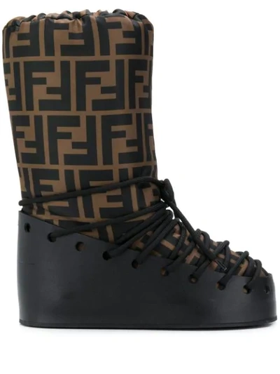 Fendi Printed Shell And Leather Snow Boots In Black