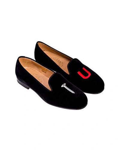 Stubbs And Wootton Men's College Embroidered Velvet Slippers In Black