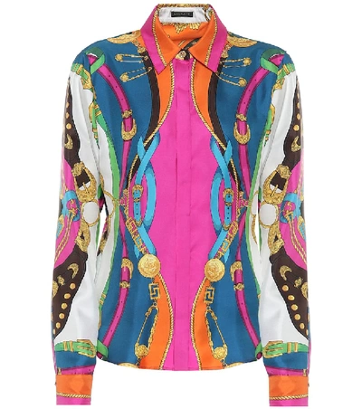 Versace Colorblocked Printed Silk Blouse In Multicolour