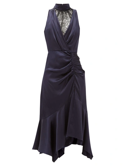 Jonathan Simkhai Ruched Chantilly-lace And Silk-charmeuse Dress In Midnight & Black