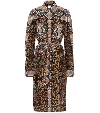 Burberry Belted Animal-print Silk-crepe Dress In Brown