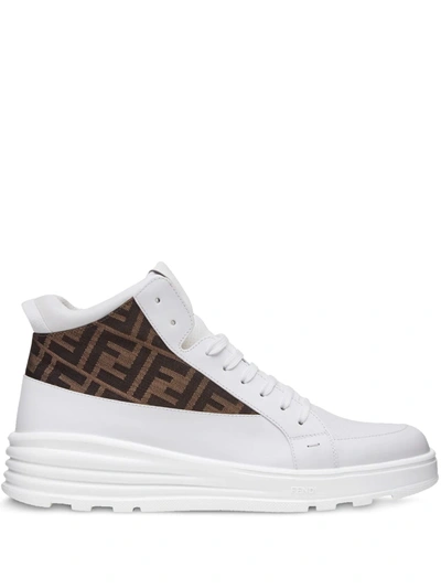 Fendi Ff-jacquard High-top Leather Trainers In White