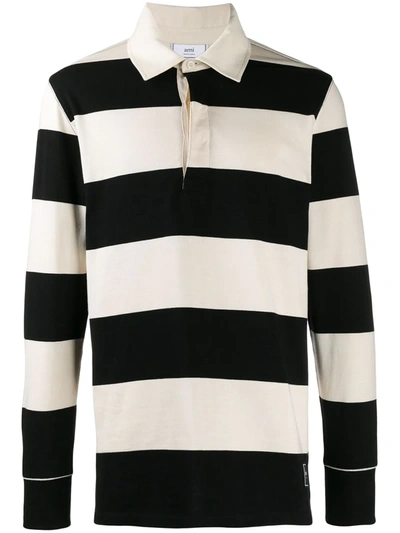 Ami Alexandre Mattiussi Striped Long Sleeve Cotton Polo Shirt In Neutrals