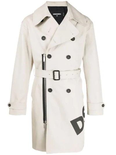 Dsquared2 Printed Cotton Twill Trench Coat In Beige