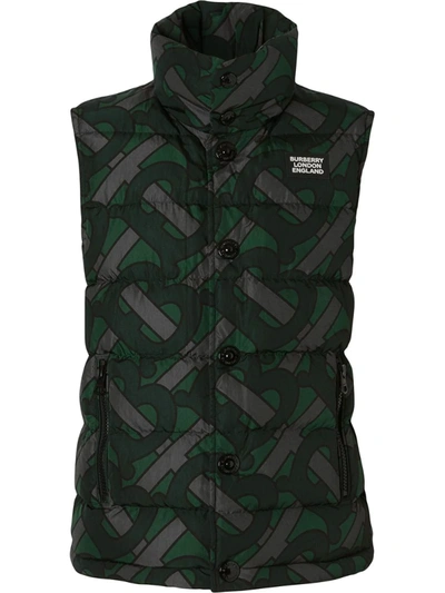 Burberry Monogram Print Puffer Gilet In Forest Green Ip Pat