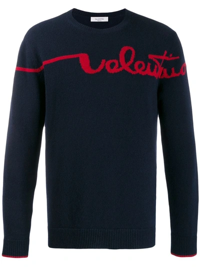 Valentino Intarsia-logo Knitted Jumper In Blue