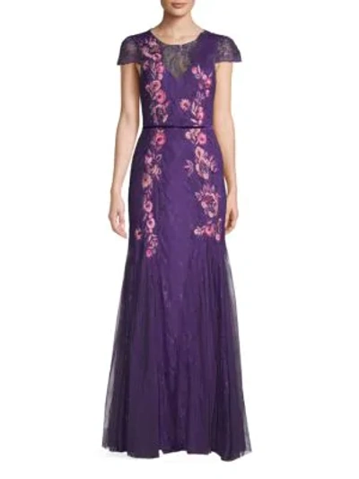 Marchesa Notte Lace Embroidery Cap-sleeve Gown In Purple