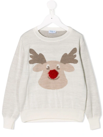 Siola Kids' Reindeer Knit Jumper In White