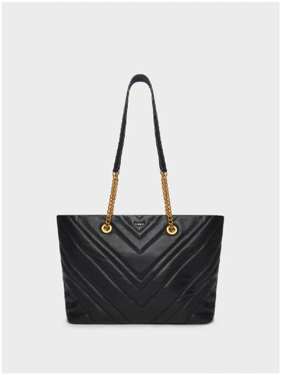 Dkny Vivian Md Tote Chevron Quilted Lamb Nappa In Black/gold