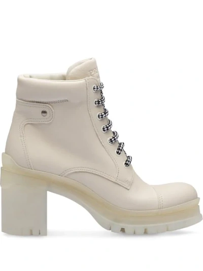 Prada Lace-up Chunky Heel Ankle Boots In White