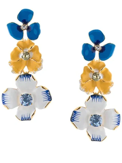 Kenneth Jay Lane Crystal Embellished Enamel Flower Drop Earrings In Blue