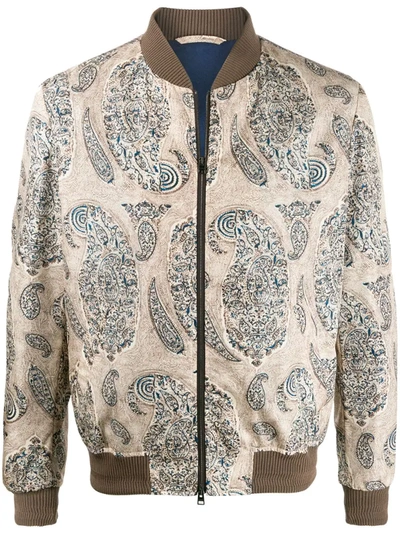 Etro Long Sleeve Paisley Print Bomber Jacket In Beige/blue/brown