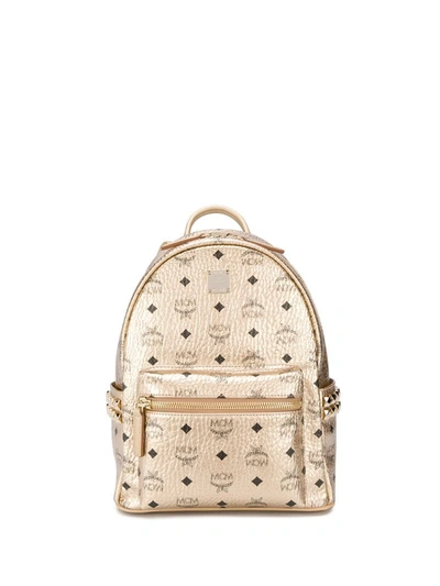 Mcm All Over Logo Print Backpack In Gold
