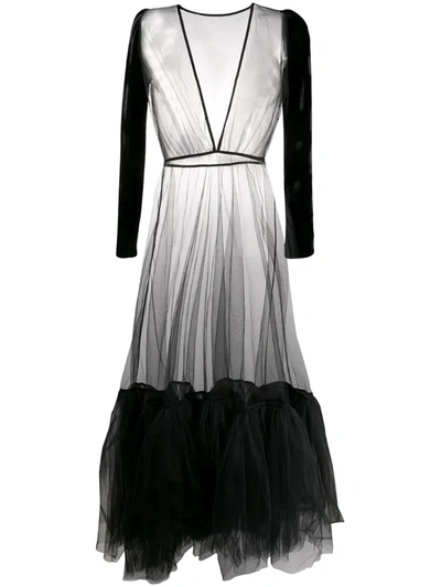 Alchemy Velvet-sleeved Tulle Gown In Black