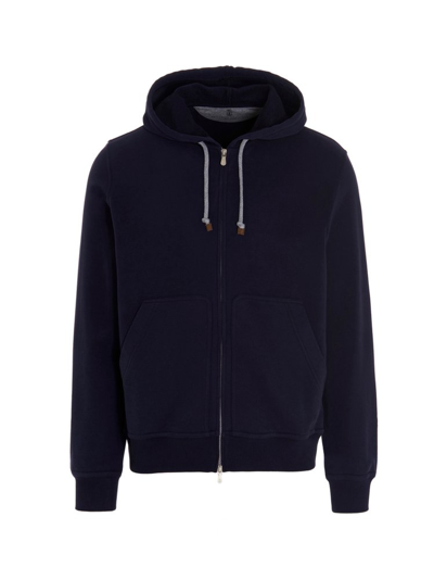 Brunello Cucinelli Drawstring Zipped Cashmere Hoodie In Blue