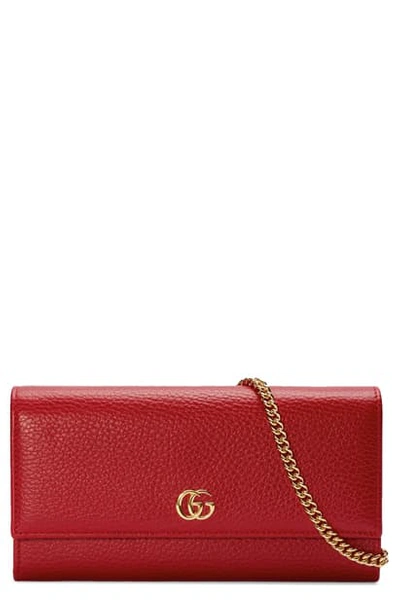 Gucci Petite Gg Marmont Leather Flap Wallet On A Chain In Hibiscus Red