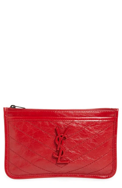 Saint Laurent Niki Quilted Leather Zip Pouch In Rouge Eros
