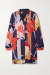 Etro Large Lily Print Silk Tunic Shirt In Navy