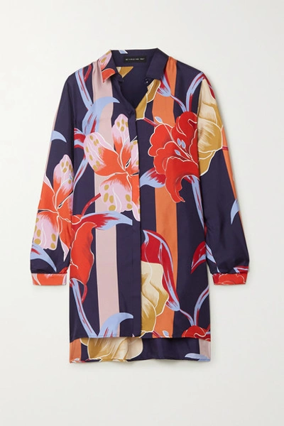 Etro Large Lily Print Silk Tunic Shirt In Navy