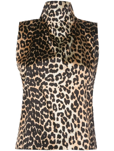 Ganni Leopard-print Stretch-silk Satin Turtleneck Top In Brown