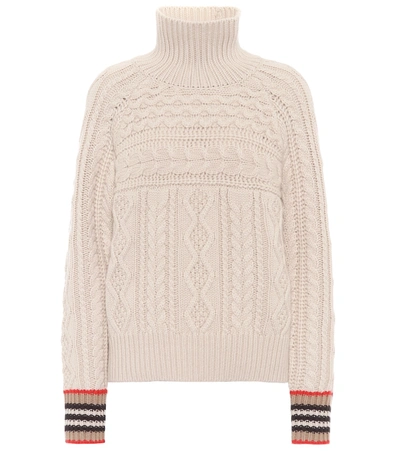 Burberry Striped Cable-knit Cashmere Turtleneck Sweater In Natural White